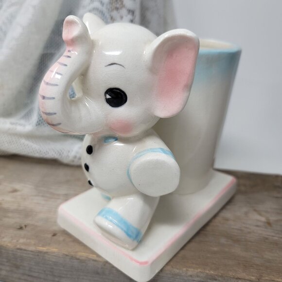 Vintage Baby Elephant Planter Vase Blue & Pink Trunk up - Picture 1 of 9